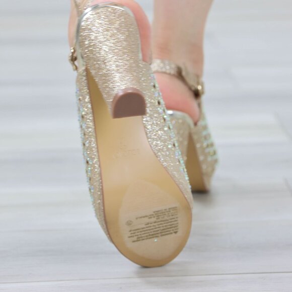 Sparkly Rhinestone Glitter Champagne Platform High Heels Open Toe Party Shoes - Picture 13 of 14